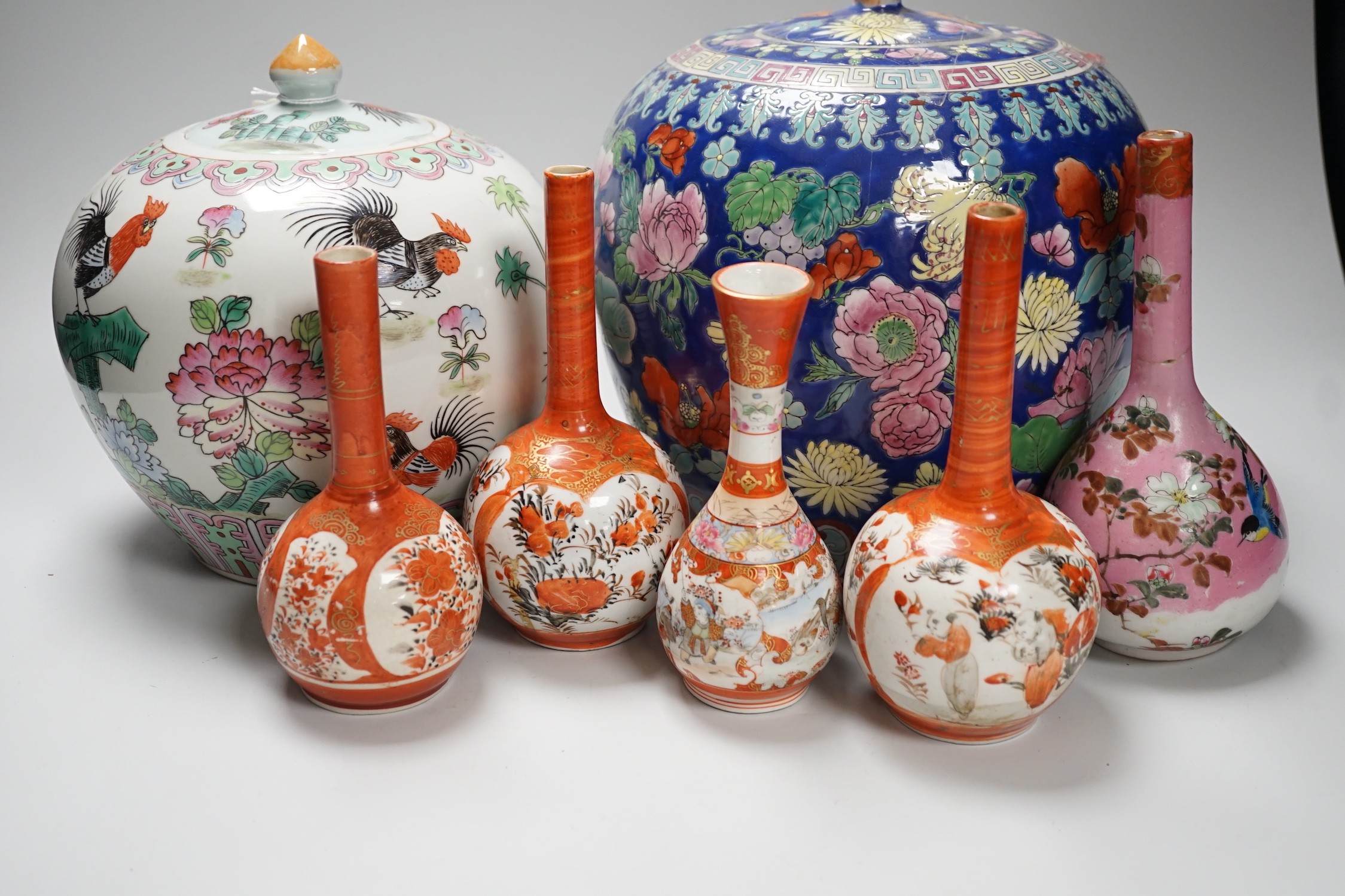 6 Japanese Kutani porcelain bottle vases together with two Chinese famille rose jars and covers, tallest 24cm